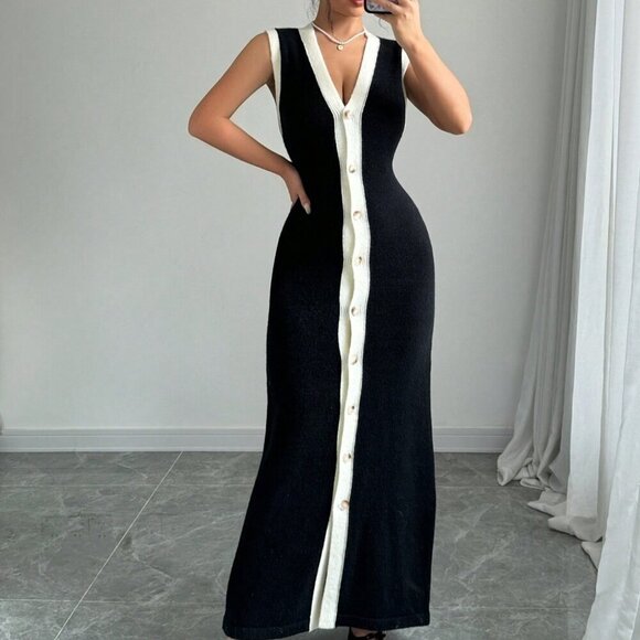 Black Casual Women's Color Block Button Front Sleeveless Dress - Picture 3 of 6